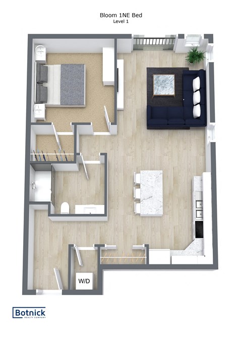 Floor plan for 1 bed, 1 bath, 714 sqft